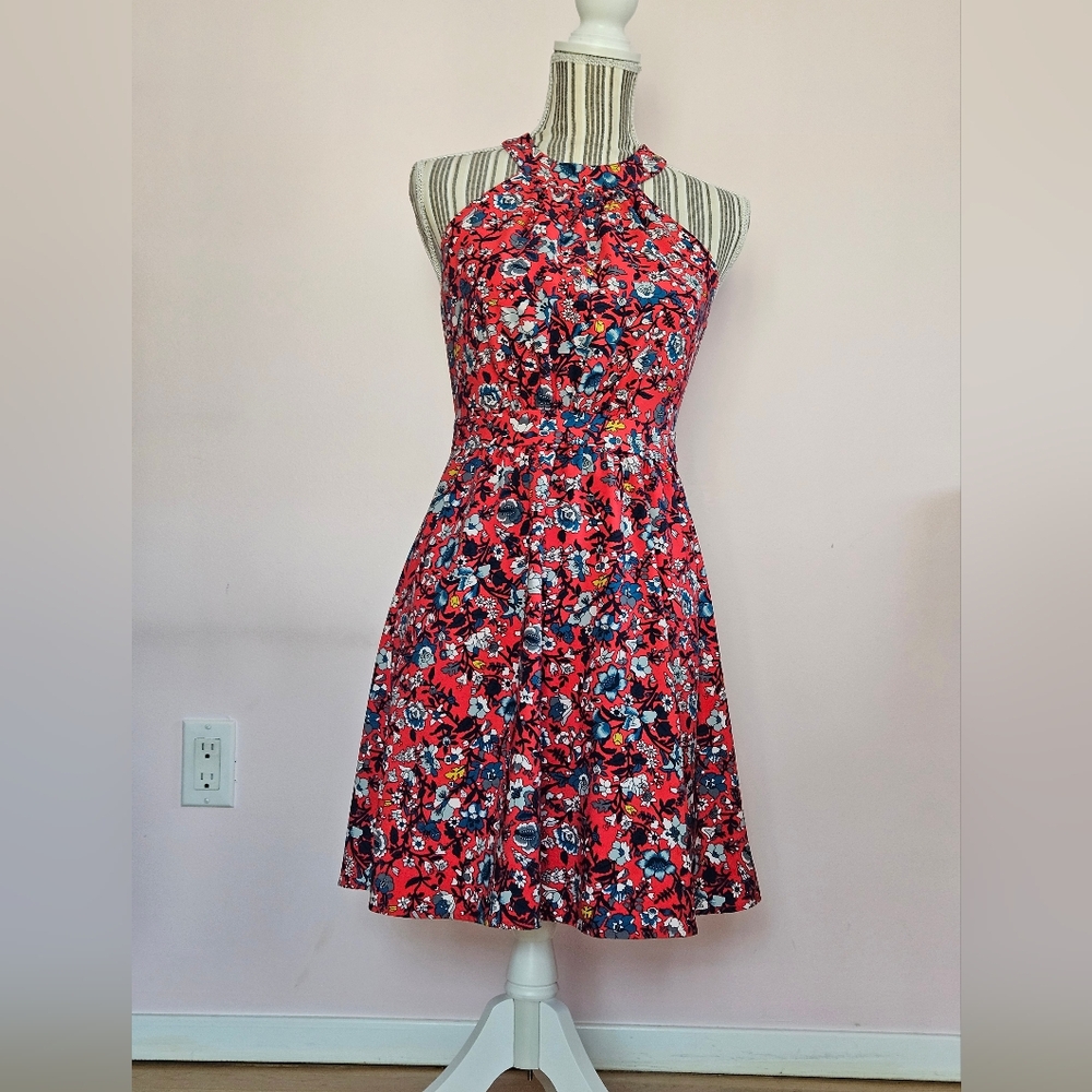 Loft Outlet Floral Halter fit and flare dress (Extra Small Petite, Red)